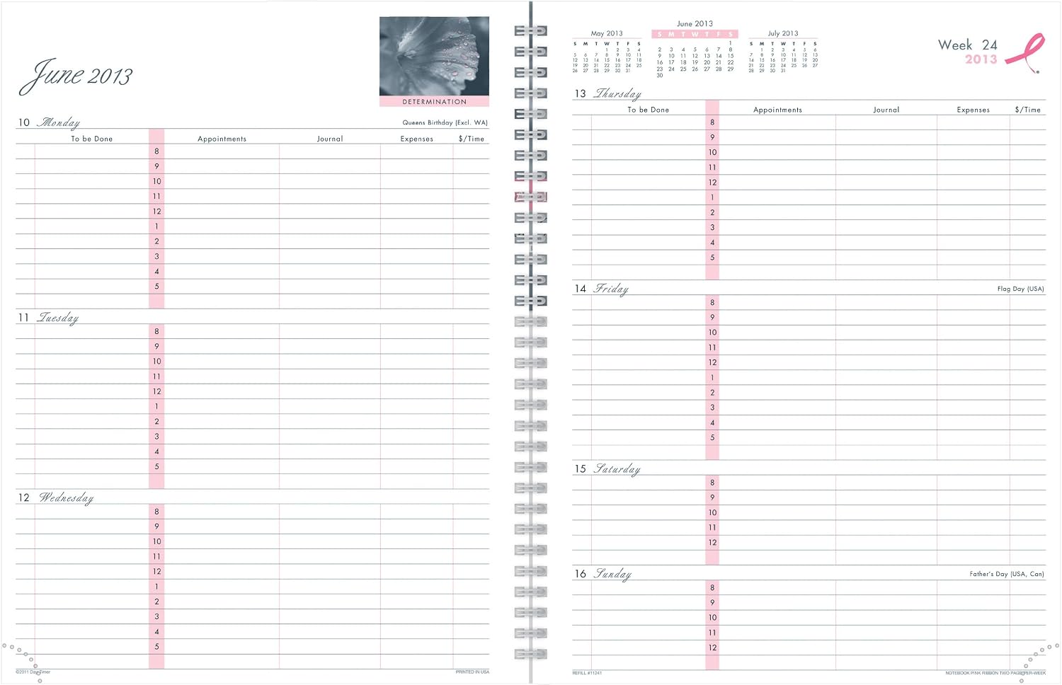 Amazon Day Timer Pink Ribbon 2 Page Per Week Wire Bound Refill