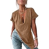 Tankaneo Womens Deep V Neck Short Sleeve T Shirts Summer Oversized Tshirts Casual Loose Fit Tunic Tops