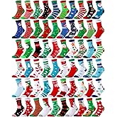 Vabean 60 Pairs Christmas Socks Gifts for Adults Colorful Novelty Holiday Crew Socks Festive Women Socks Office Gifts for Men