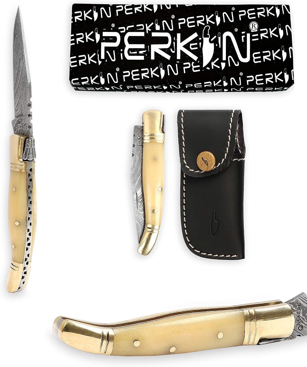 Perkin Damascus Folding knife, Unlocking Blade, Steel