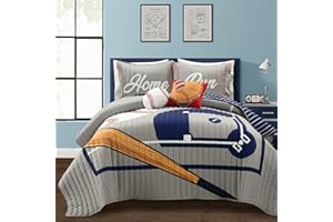 Lush Decor Baseball Game Reversible Quilt Queen Size 5 Piece Set Full/Queen Gray & Navy - Kids Bedding Set Full Quilt - Sports Decor - Baseball Bedding