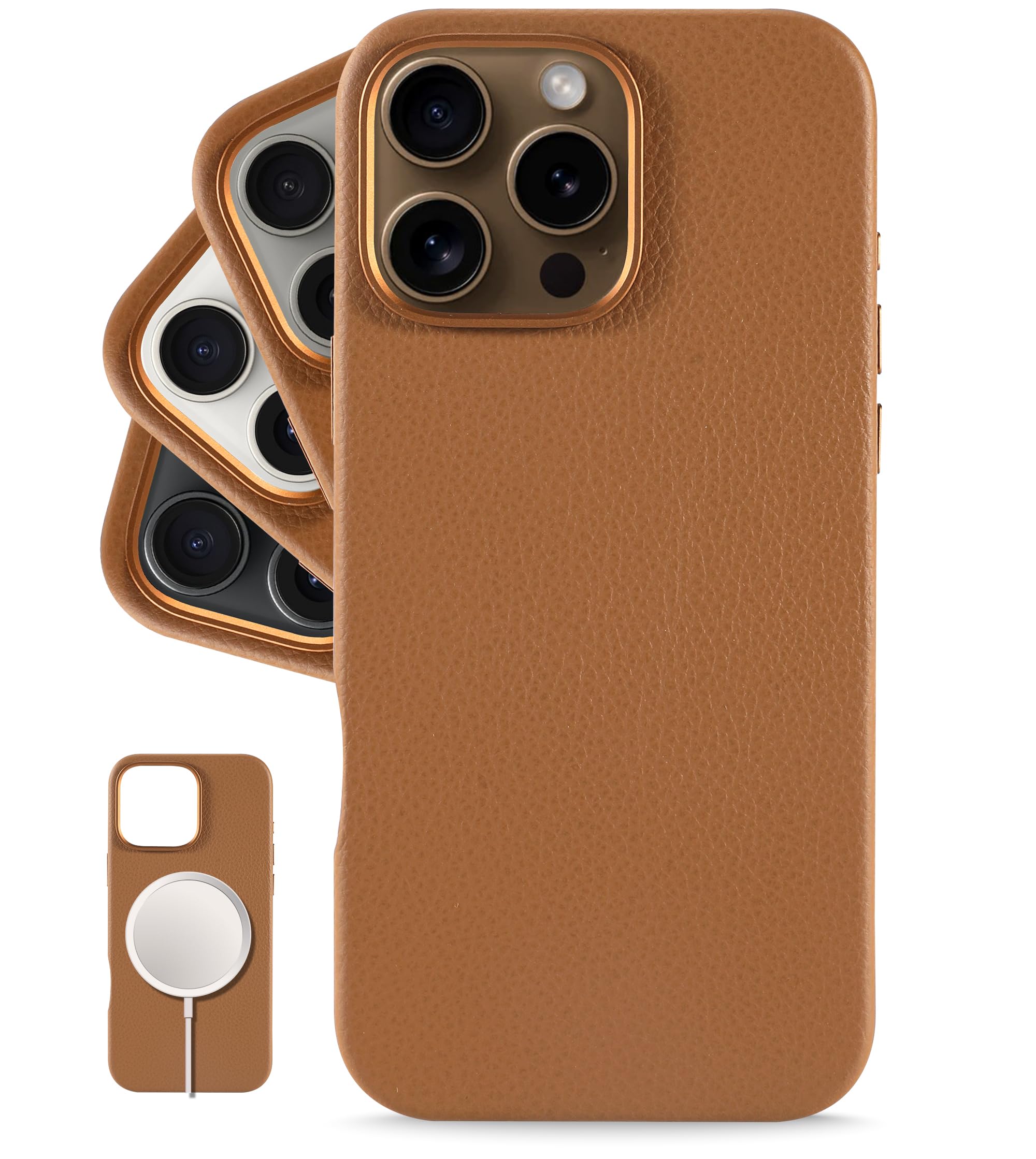 LONLI Urban - for iPhone 16 Pro - European Genuine Pebble Leather Phone Case - European Elegance, Modern Design - [Compatible with Magsafe] - Saddle