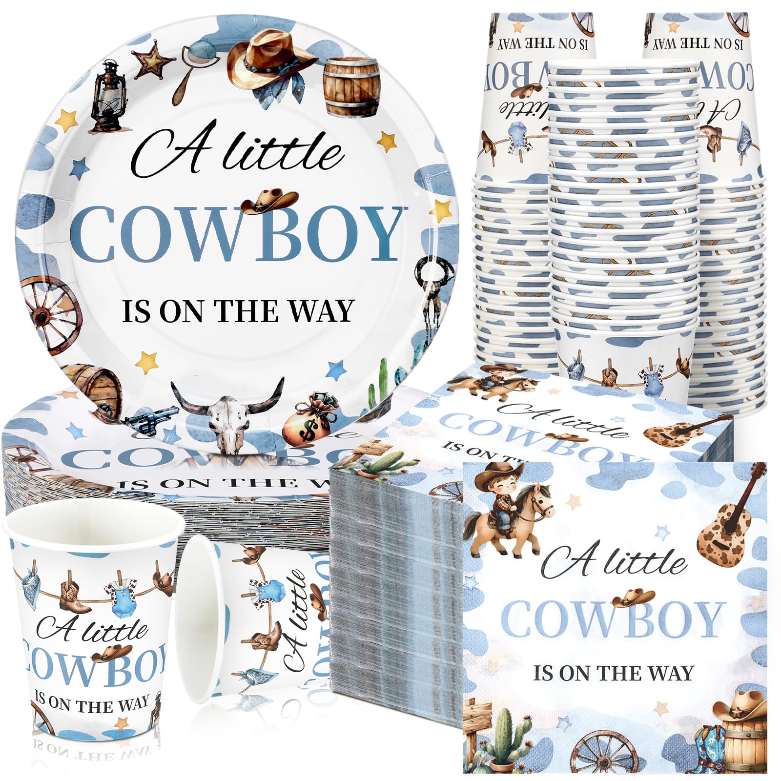 Photo 1 of Hushee 200 Pcs a Little Cowboy Is on The Way Baby Shower Paper Plates Napkins Cups Baby Shower Party Supplies Tableware Set Cowboy Disposable Cup Napkin for 50 Guest Boy Girl Spring Decoration
