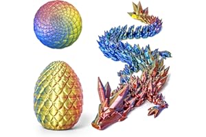 Flavery 3D Printed Dragon in Egg - Dino Easter Egg with Flexible Crystal Dragon Inside, Colorful Fidget Toy, Birthday Gift, Desk Pet Figure, Easter Basket Stuffers - 12” Dragon (Gold Red Blue)