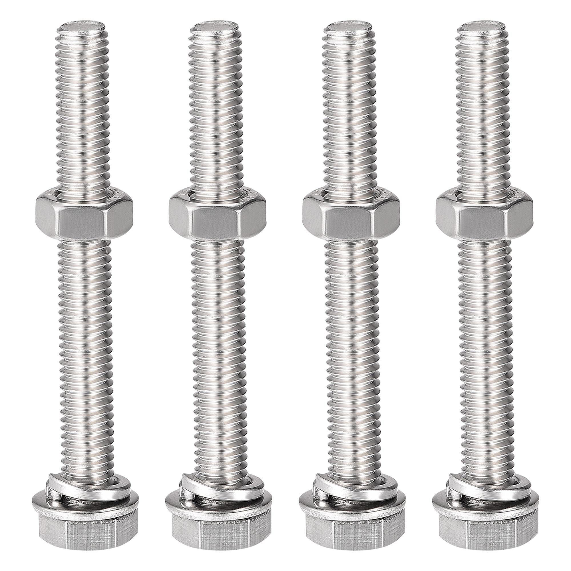 sourcing map M8 x 65mm Hex Head Screws Bolts, Nuts, Flat & Lock Washers Kits, 304 Stainless Steel Fully Thread Hexagon Bolts 4 Sets