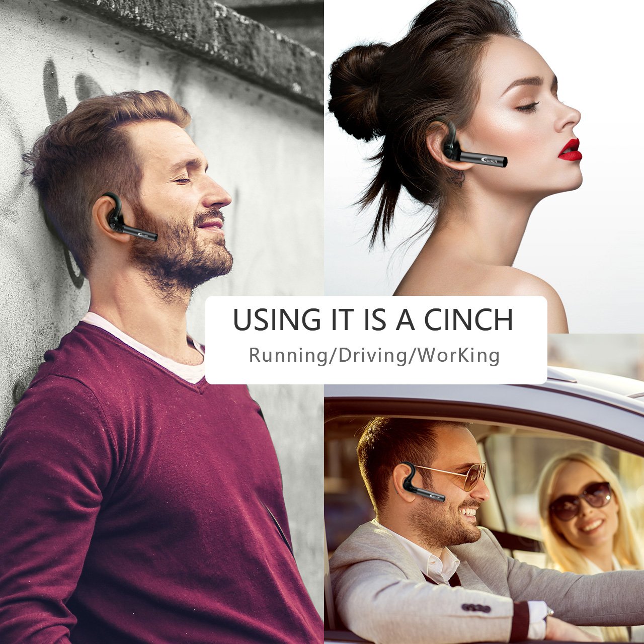 Guoer Bluetooth 4.1 Headset Noise Cancellation and Hands-free Stereo Earphone with Extra Extension Ear Piece, Microphone Volume Control, Compatible with iPhone Android Smartphones and Other Bluetooth-enabled Devices(Black)