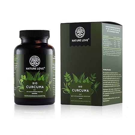 NATURE LOVE® Bio Curcuma - 240 Kapseln. 4540mg Kurkuma + schwarzer Pfeffer je Tagesdosis. Curcumin & Piperin. Laborgeprüft. h
