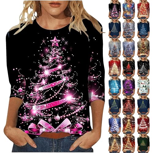 Ugly Christmas Jumpers, Funny 3/4 Sleeve Crewneck Xmas Tops Ladies Novelty Christmas Tree Print Pullover