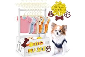 Teenyyou 20" x 13" x 9" Wooden Dog Closet Pet Wardrobe Crate Box with Hanging Rods and Personalized Alphabet Letters Easy Assembly Baskets for Dog Cat Toys Clothes Accessories(White)