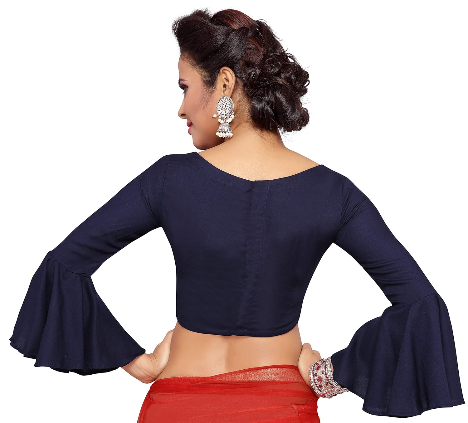 studio shringaar women's blue rayon readymade saree blouse with frilled sleeves