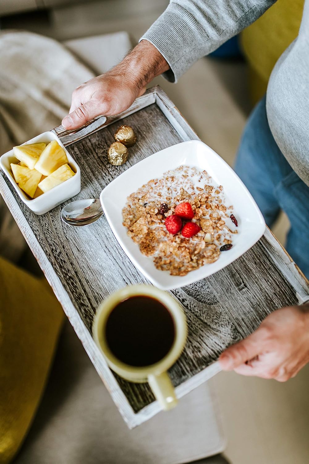 | Rustic Wooden Serving Trays with Handle - Set of 3 - Large, Medium and Small - Nesting Multipurpose Trays - for Breakfast, Coffee Table/Butler & More - Light & Sturdy Paulownia Wood - Rustic White: Serving Trays