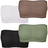 ZYQEXA 4 Pcs Strapless Bandeau Bras for Women - Wireless Seamless Padded Tube Bras Womens Strapless Bralette Full Coverage Comfy Tube Top Bra Padding No Underwire White Brown, M