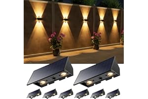 ROOPURE 8 Pack Outdoor Solar Powered Fence Lights Wall Mount Up and Down LED Decorative Waterproof Yard Lamps for Outside Deck, Stair, Backyard, House Patio, Warm White, 4 Lenses Designed for Accent Lighting