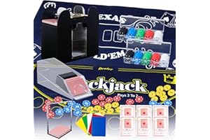 Extguds Casino Poker Set,Blackjack/Texas Hold'em/Poker Set with Card Shoe,Discard Tray, Automatic Shuffler,200 Chips,6 Deck Card,Double-Sided Felt（Blue）,10 Cut Cards,Casino Table Game Set