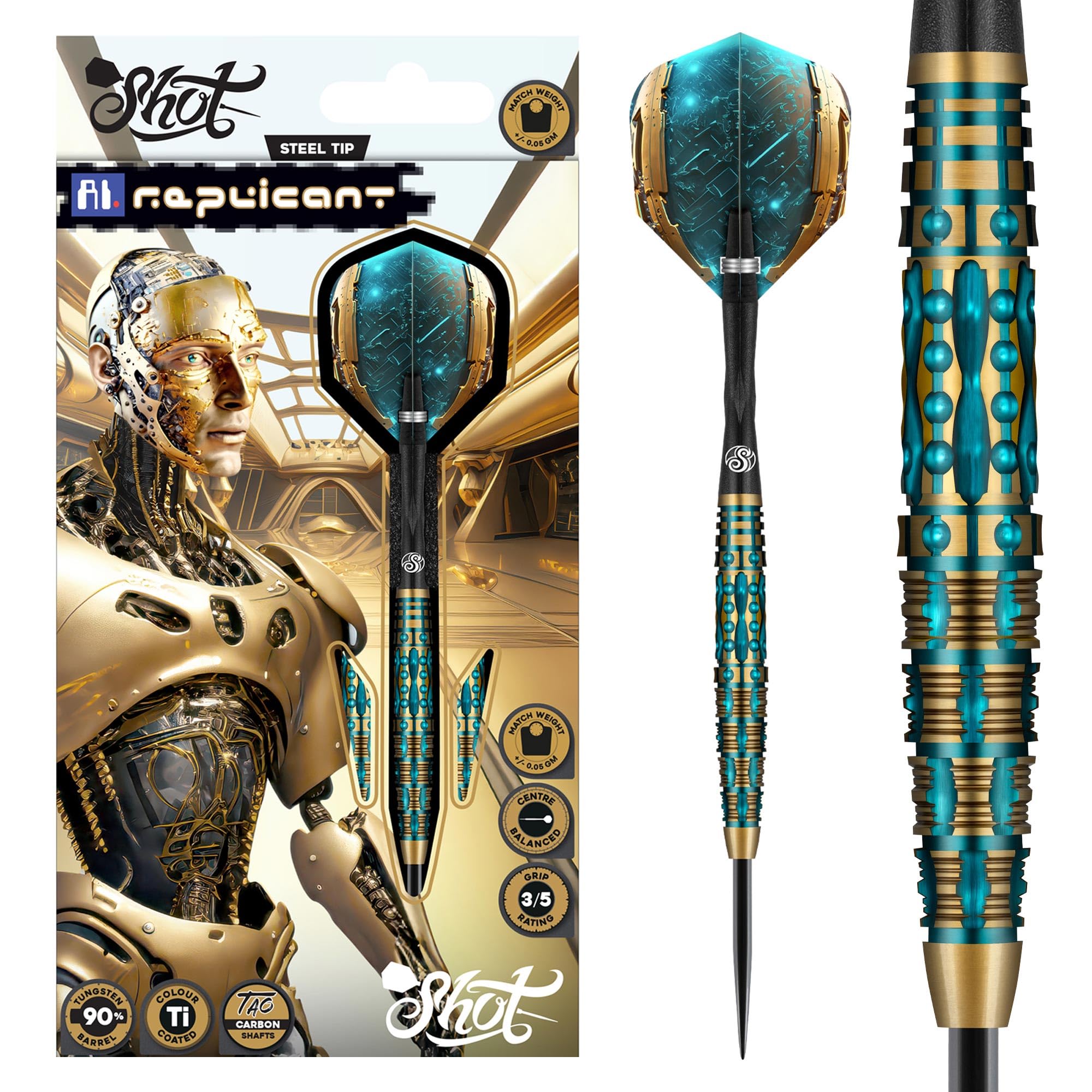 Shot! AI Replicant Steel Tip Dart Set 90% Tungsten Barrels, Centre Weighted professional darts for bristle dartboard