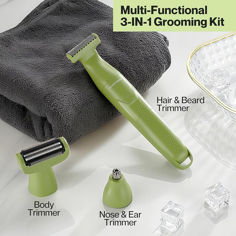 Recortadora precisión 3 en 1 para hombre, kit cuidado personal para barba y cabello, recortadora corporal, recortadora de nariz y orejas, afeitadora inalámbrica para hombre (Verde)