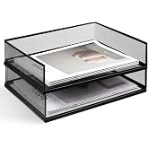 2 Pack Stackable Letter Tray, Wire Mesh Desk File Organizer Metal Desktop Paper Sorter Desk Tray Document Magazine Storage Basket for Home Office Supplies - Transverse Load, Black