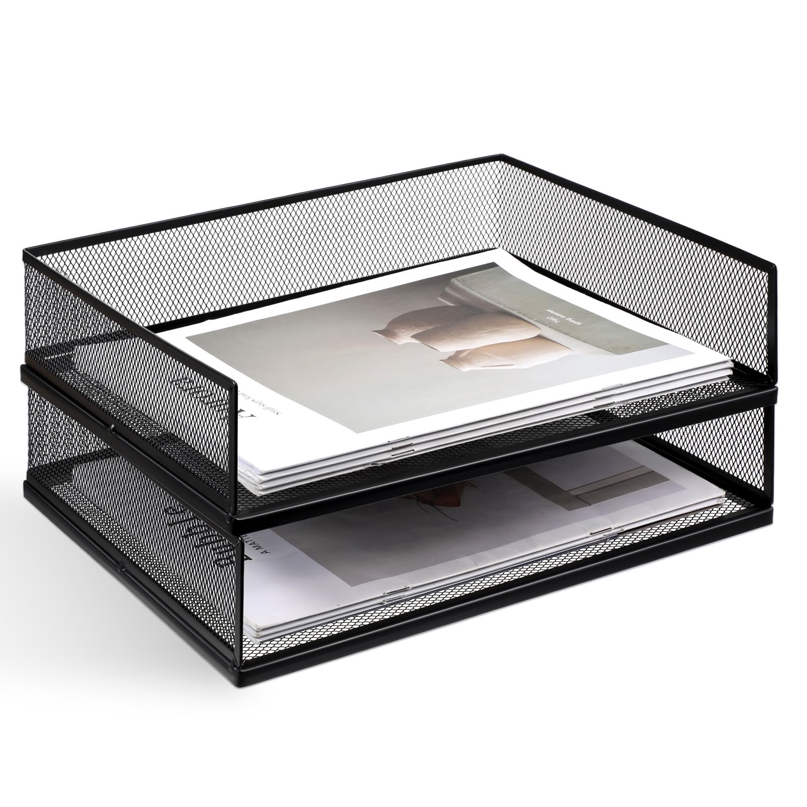 Photo 1 of 2 Pack Stackable Letter Tray, Wire Mesh Desk File Organizer Metal Desktop Paper Sorter Desk Tray Document Magazine Storage Basket for Home Office Supplies - Transverse Load, Black