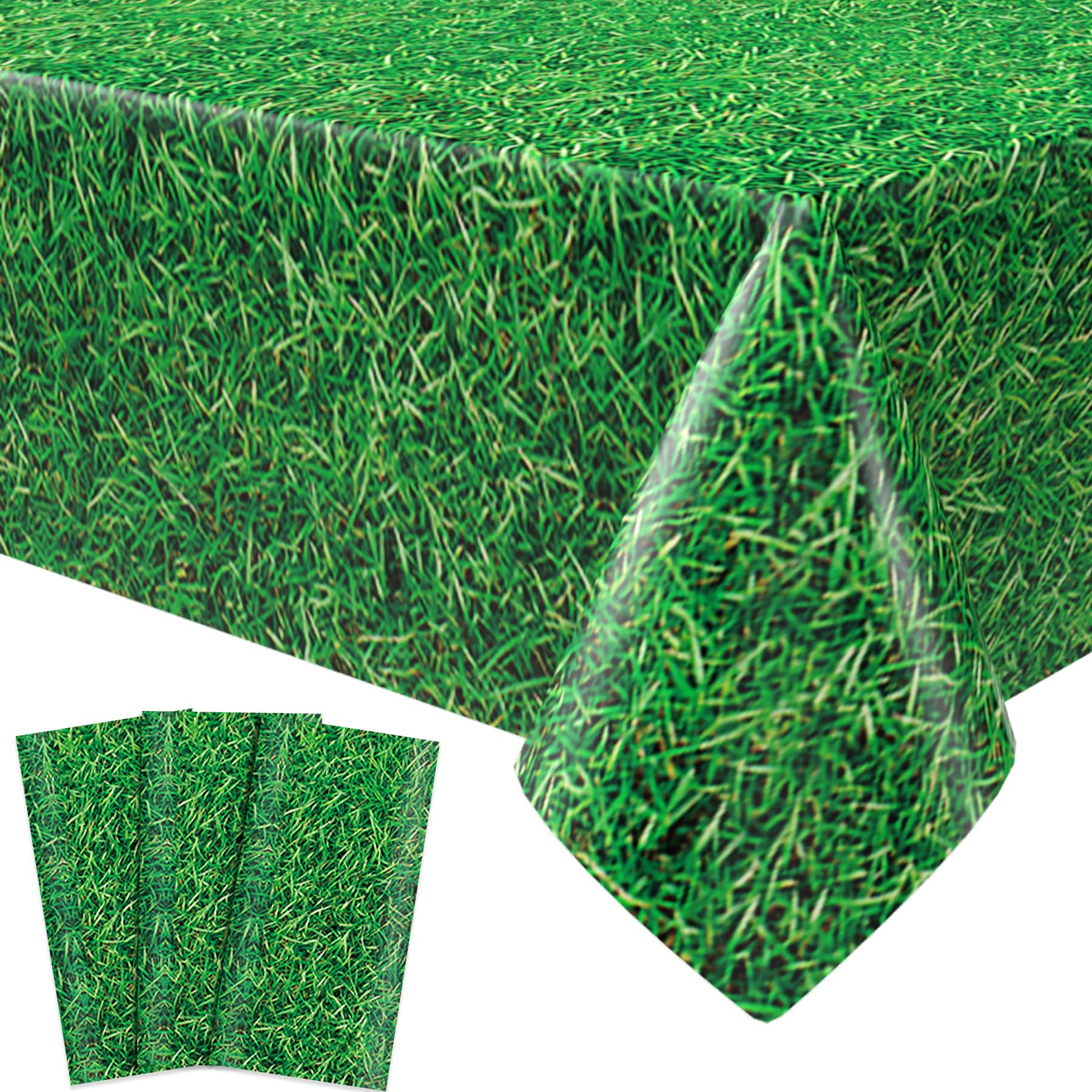 Lianxuia 3 Pieces Green Grass Plastic Tablecloths, 51 * 86 Inch Disposable Grass Table Covers, Golf Soccer Party Decorations for Boys, Soccer Golf Sports Theme Birthday Party Supplies — image 1