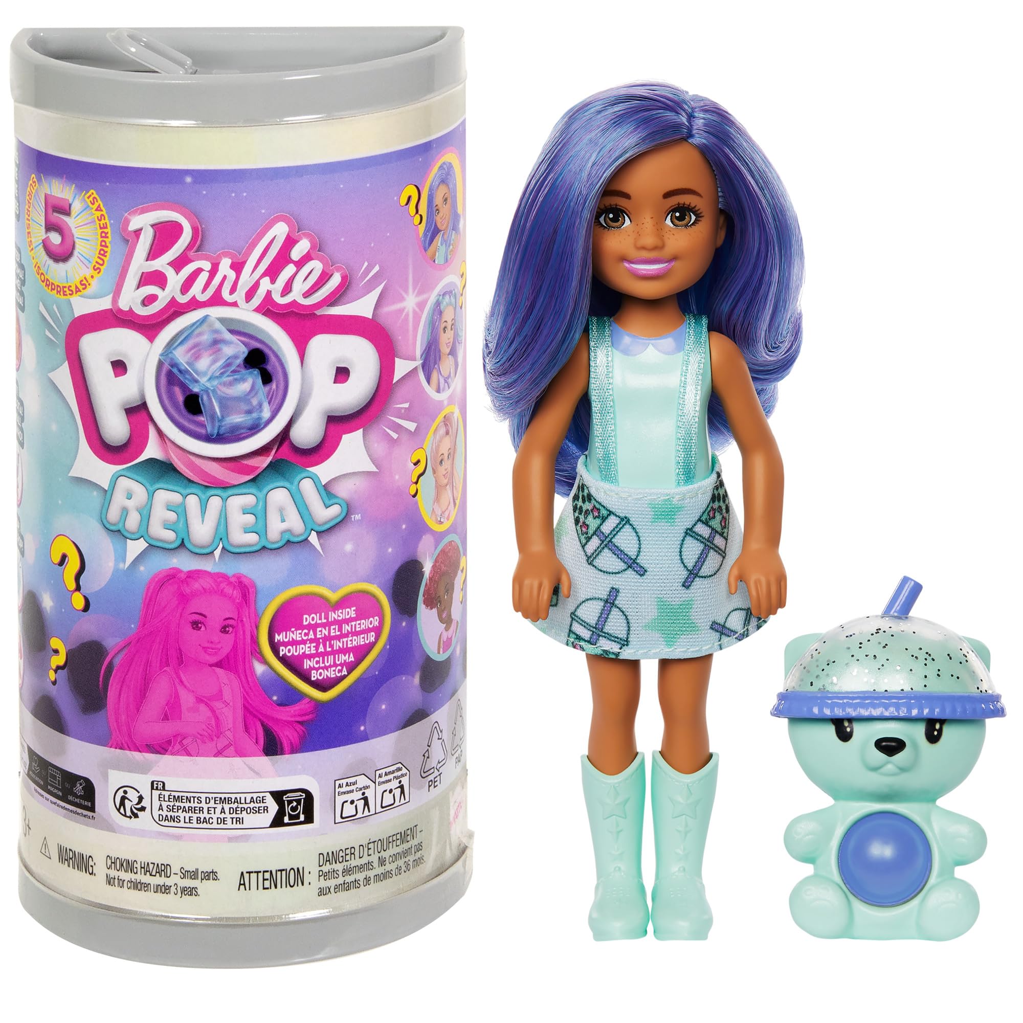 Barbie Chelsea Pop Reveal Bubble Tea Series Doll with Tea Can-Inspired Package & 5 Surprises Including Scented Small Doll & Pop-It Pet (Styles May Vary), HRK63