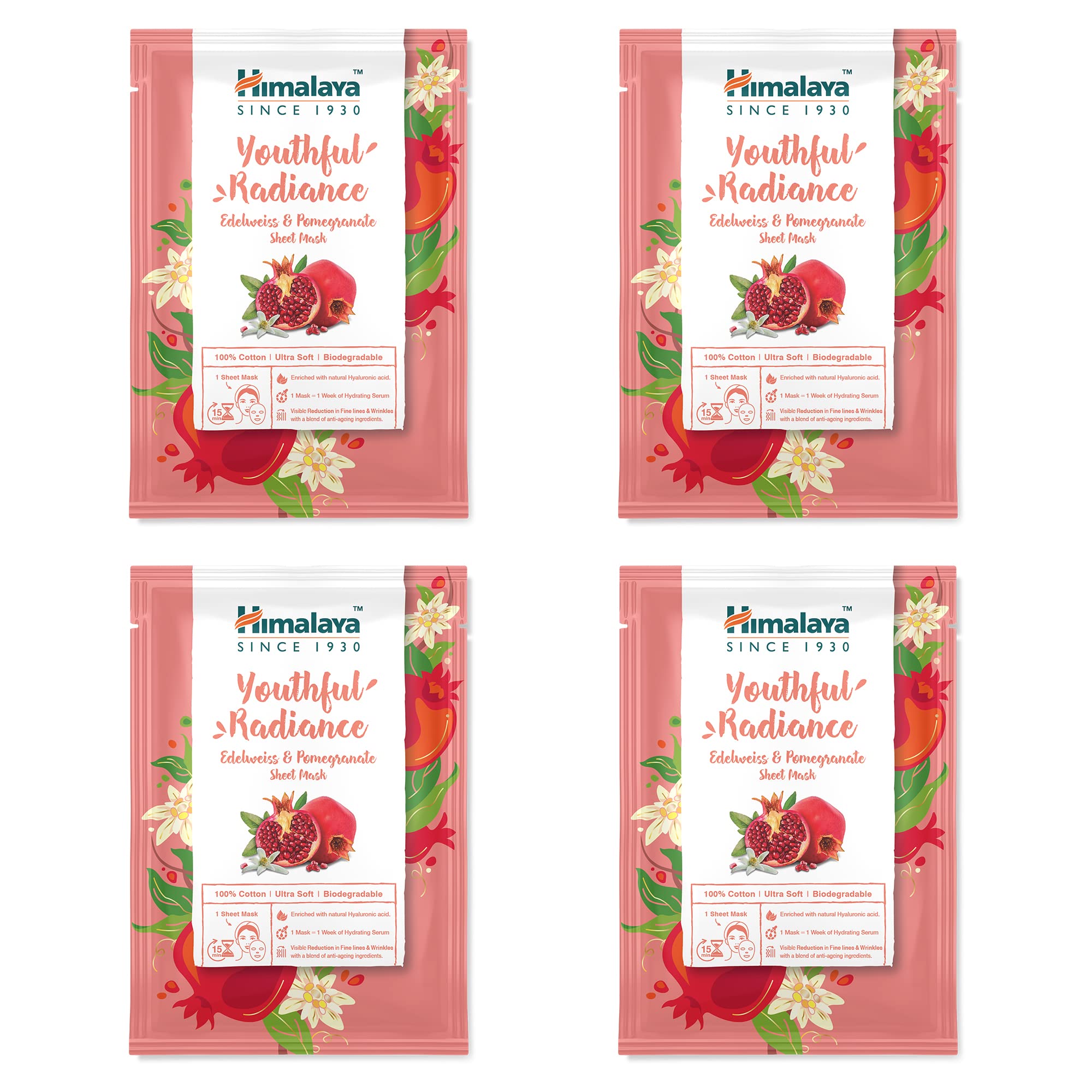 Himalaya Youth Radiance Edelweiss & Pomegranate Face Sheet Masks, Single Use Cotton Facial Sheet Mask Antioxidant Rich to Rejuvenate and Revitalize Skin | with Hyaluronic Acid, Count of 4