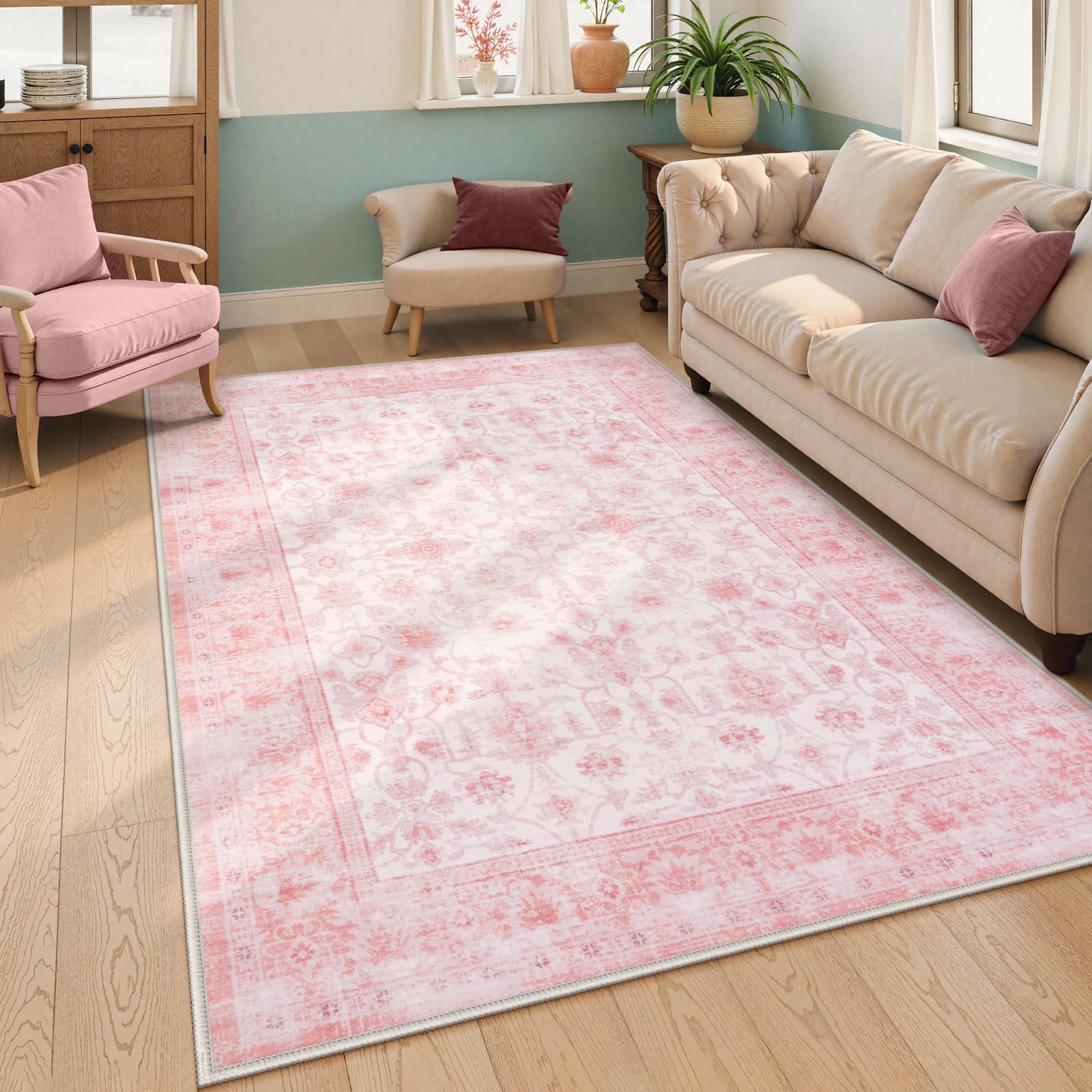Photo 1 of LIVEBOX Pink Area Rug 5x7, Vintage Living Room Rug Machine Washable Area Rugs, Pink Rugs for Bedroom Girls, Indoor Carpet for Dining Room Nursery Dorm Home Decor