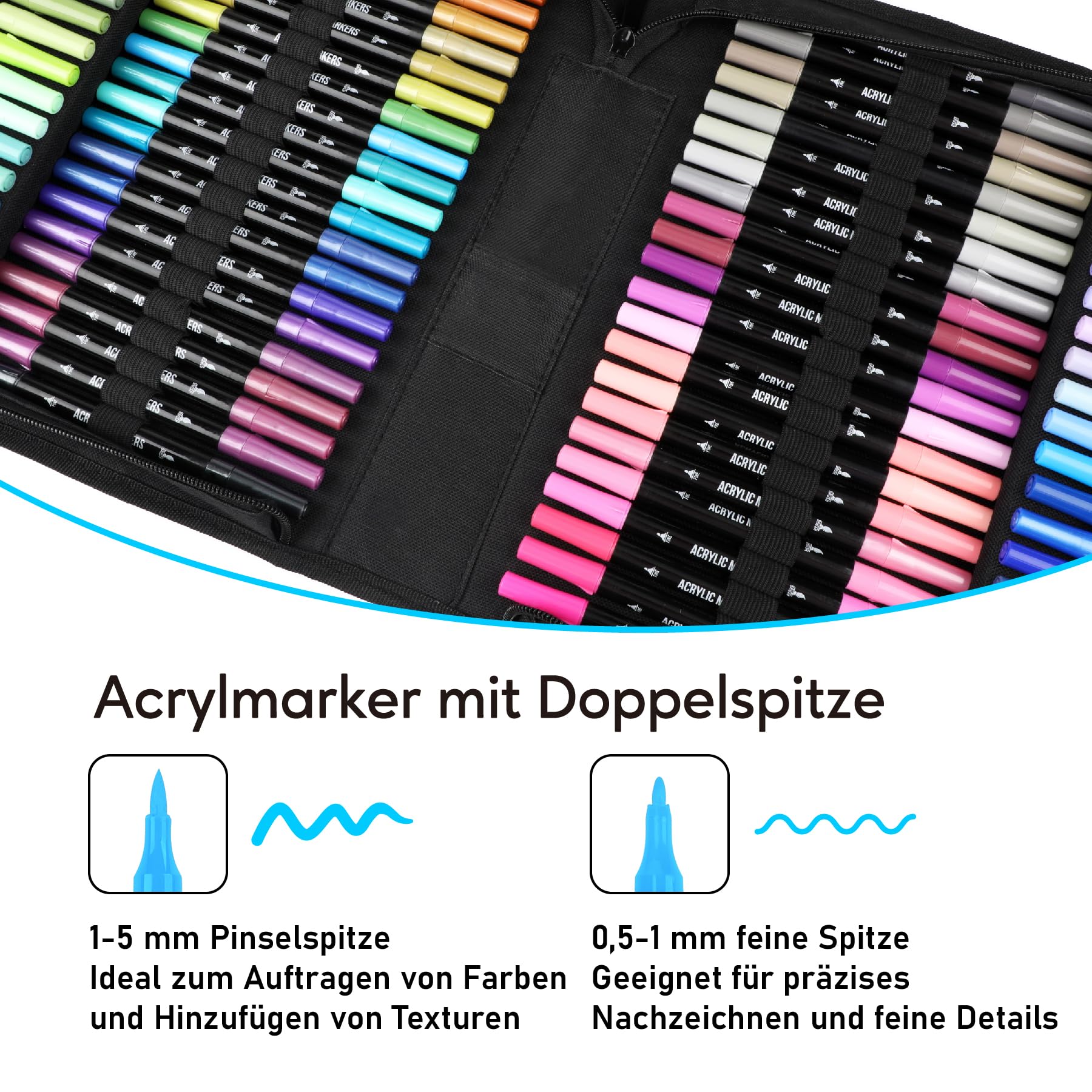 120 Farben Acrylstifte Set – Doppelseitige Spitzen, Multimarker für Steine, Holz, Stoff, Leinwand, Glas, Keramik in Stofftasche – Vielseitige Acrylfarben für Künstler & DIY Projekte 2