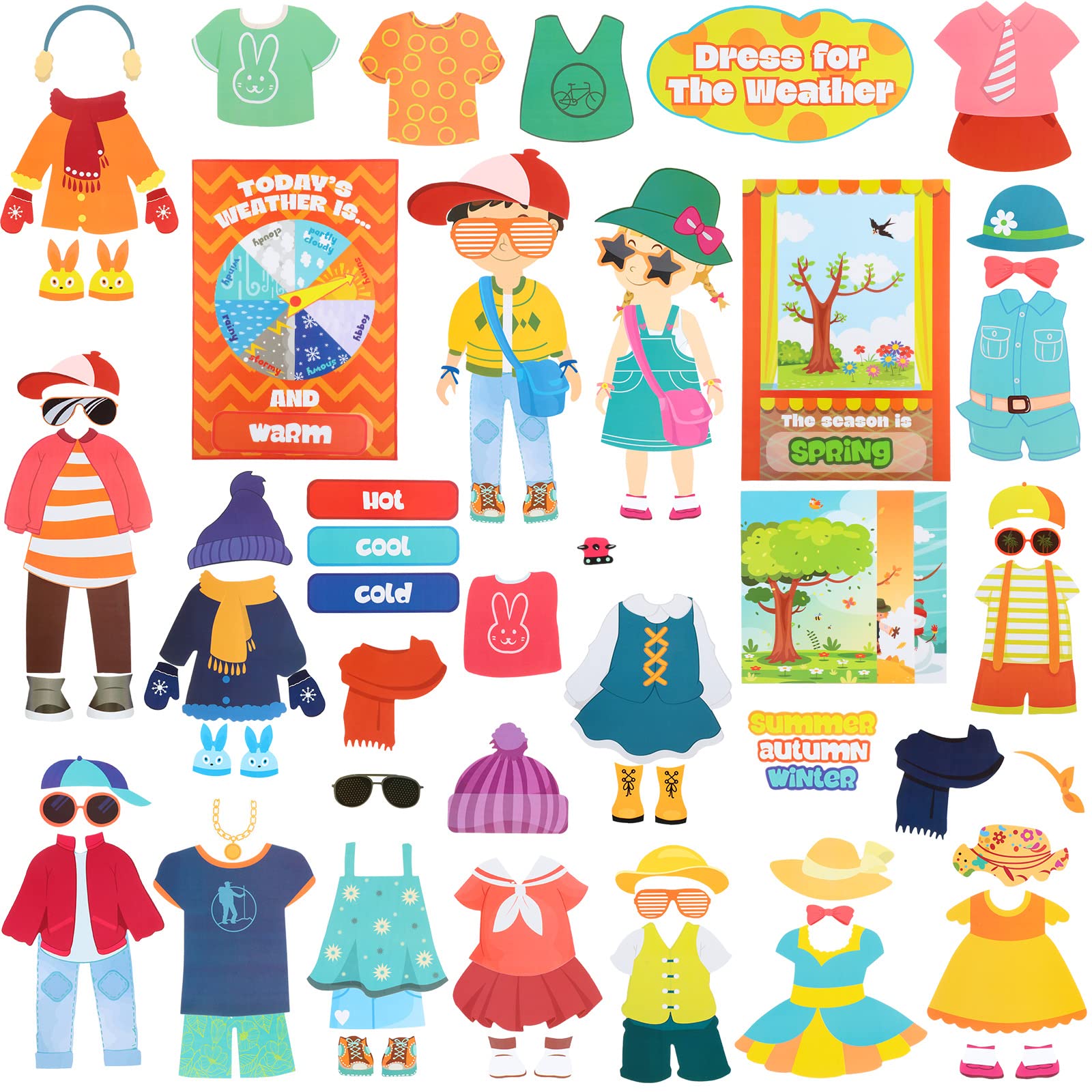 Photo 1 of 103 Pieces Weather Chart Bulletin Board Set for Classroom Dress Weather Chart for Preschool Decoration Seasonal Bulletin Board Cutout Set for 100th Day of School Wall Decor (Nice Style)