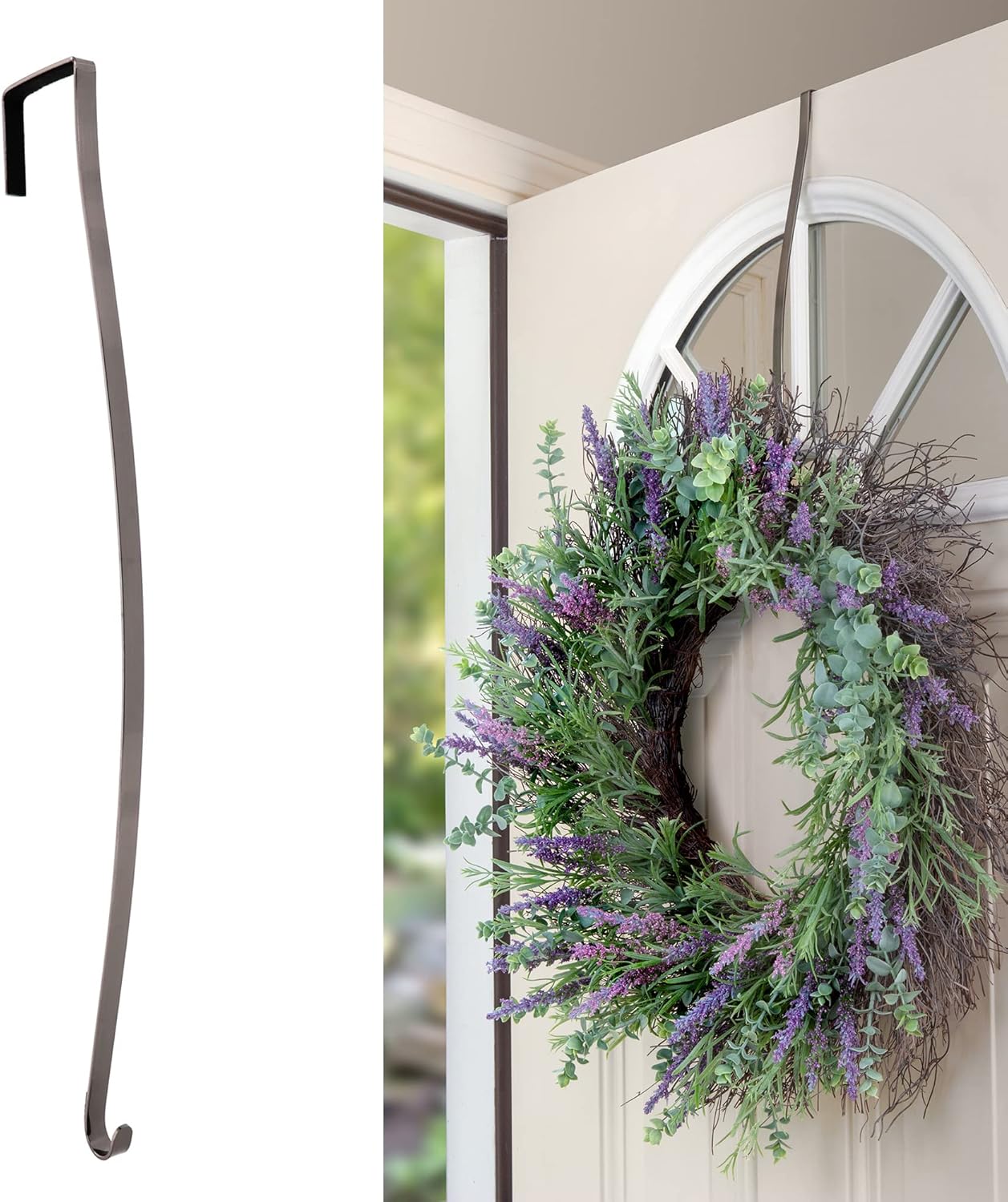 Wreath Hangers - Haute Decor HighProfile® Curved Wreath Hanger (Brushed Nickel) - Strong Metal Over The Door Wreath Holder Hook for Doors with Raised Features and Trim