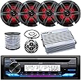 Single DIN Marine Stereo Receiver Bundle Combo with Remote Control, 4X Enrock 6.5" Marine RGB LED Speakers with Chrome Grilles, Pyle 4 Channel 400W Waterproof Amplifier, Antenna, Speaker Wire