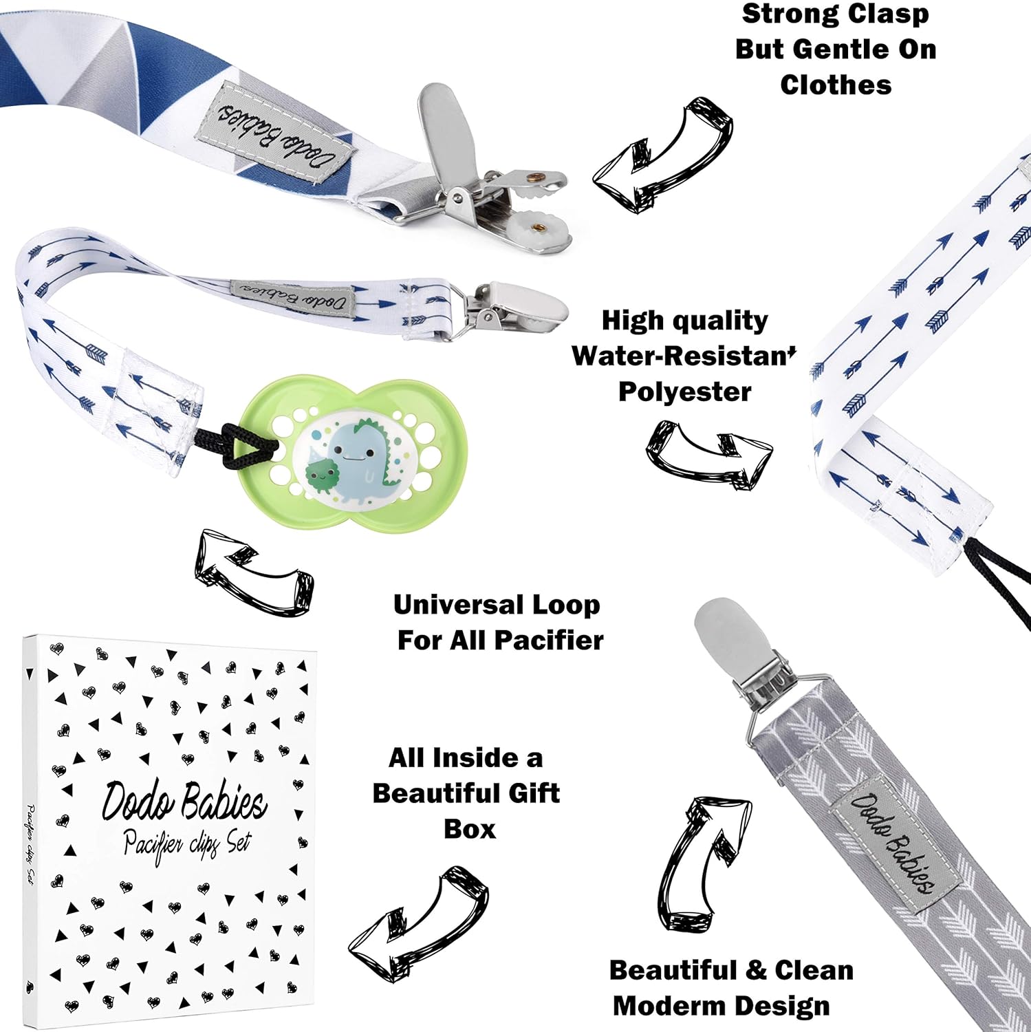 Pacifier Clip by Dodo Babies Pack of 4 + 2 Teether Toys, Premium Quality Modern Designs Universal Holder Leash for Boys and Girls, Teething Toy or Soothie, Baby Shower Gift Set : Baby