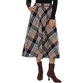 Xaatren Women's Long Plaid Wool Skirt Fall Winter High Waisted A-line Pleated Tartan Long Skirt with Pockets