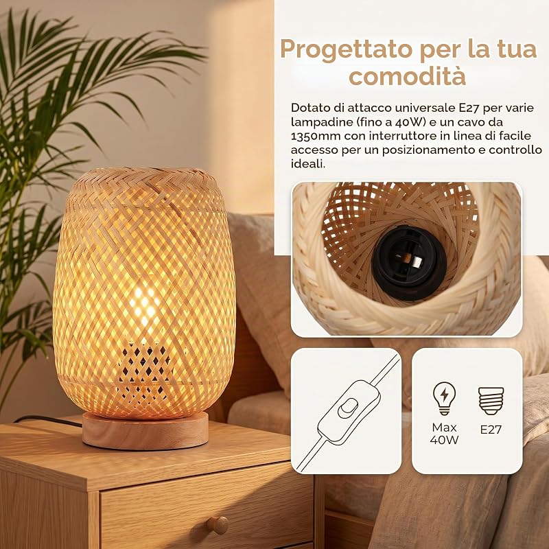 BARCELONA LED Lampada Da Tavolo Ruka In Vimini E Legno E27