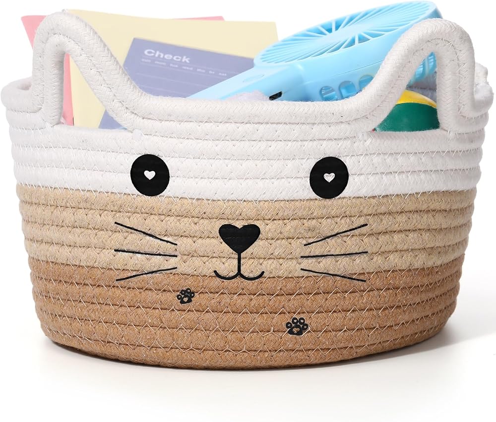 Zopeal Cat Basket Storage Woven Organizer with Ears 8.3x4.7 White Khaki