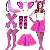 Unittype 6 Pcs Pink Purple Striped Cat Costume for Woman Include Cat Ears Furry Tail Striped Socks Tutu Arm Leg Cover Tail for Halloween Party Dress up
