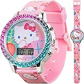 Accutime Sanrio Hello Kitty Girls' Digital LCD Quartz Watch with Pink Strap and Colorful Bezel - Fun LED Light Show - Easy to Read Time for Kids - Fits Wrist 5.5"-8"