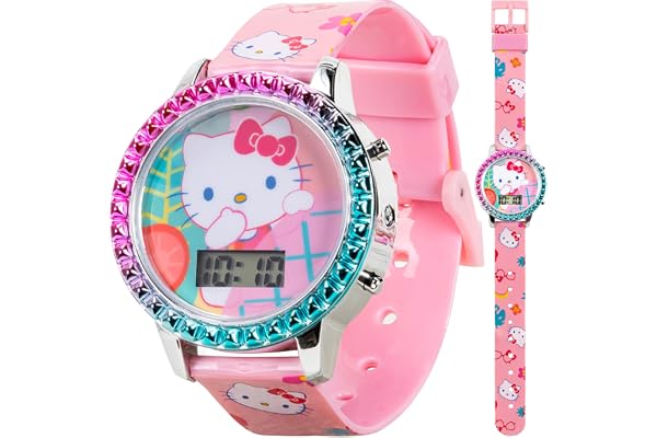 Accutime Sanrio Hello Kitty Girls' Digital LCD Quartz Watch with Pink Strap and Colorful Bezel - Fun LED Light Show - Easy to Read Time for Kids - Fits Wrist 5.5"-8"