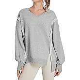 TAKEYAL Women's Oversized Sweatshirts Side Slit Long Sleeve V Neck Sweatshirt Casual Loose Pullover