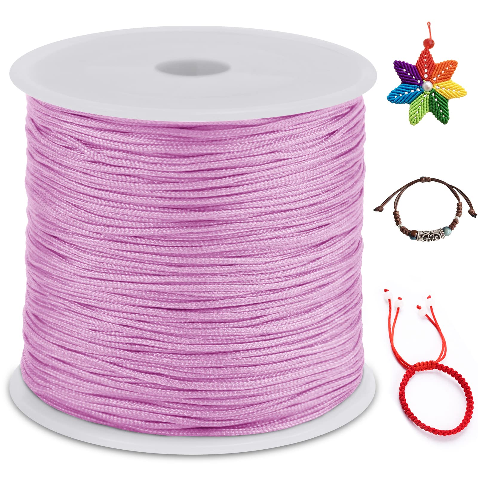 LEREATI Nylon Cord 0.8mm x 100m, Satin Cord Nylon String Macrame Cord, Coloured Beading Thread String for Making Bracelet, Necklace, Chinese Knot, Jewellery (Pink)