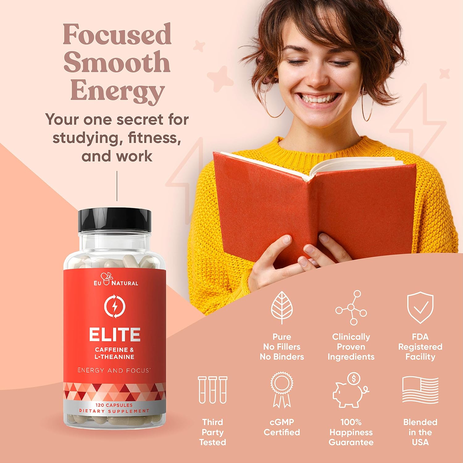 Elite Caffeine with L-Theanine – Jitter-Free Focused Energy Pills – Natural Nootropic Stack for Smart Cognitive Performance – 120 Soft Capsules: Health & Personal Care