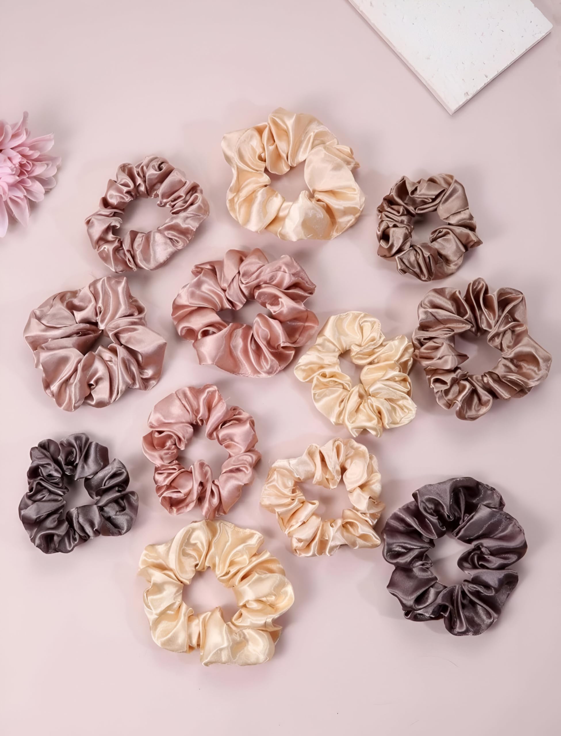 12pcs/Set Colorful Hair Silk Scrunchies for Women | Soft Elastic Silk Scrunchies for Women & Girls - Comfy And Simple Hair Accesories, Satin Hair Ties [6 Large & 6 Medium, Neutral Variety]
