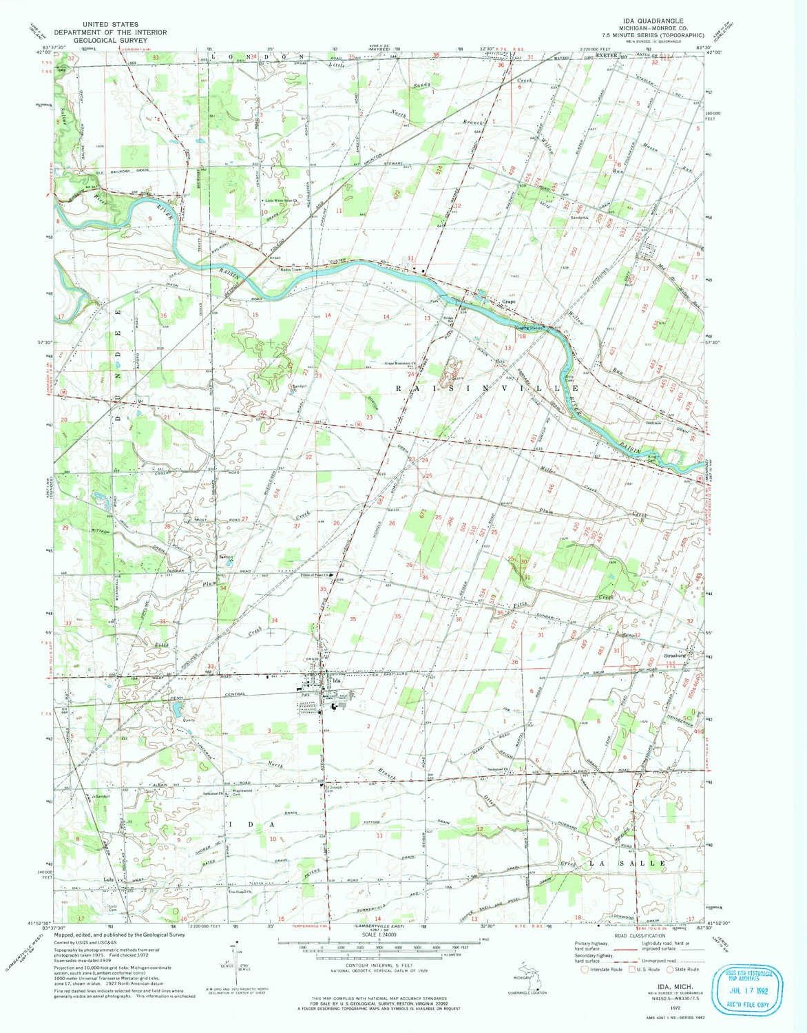 YellowMaps Ida MI topo map, 1:24000 Scale, 7.5 X 7.5 Minute, Historical, 1972, Updated 1975, 26.9 x 21.9 in