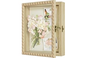 SZQINJI Shadow Box Frame 8x10 Small Deep Shadow Box Display Cases with Diamond Shape Door Vintage Lock for Photos Medals Pet Memorial Graduation Baby Wedding Flower Keepsakes Natural