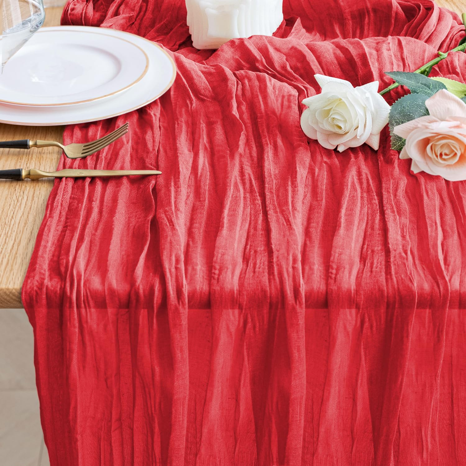 Photo 1 of Wokceer Cheesecloth Table Runner Christmas 10FT Red Boho Gauze Fall Cheese Cloth Table Runner for Party Long Rustic Sheer Table Runners for Baby Bridal Shower Wedding Easter Table