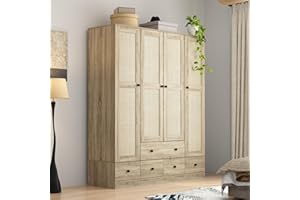 WOODTIME Rattan Armoire Wardrobe Closet with 7 Shelves, 5 Drawers & Hanging Bars, 59" L Wooden Wardrobe Clothes Storage Cabinet for Bedroom, Guest Room, Brown