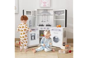 TaoHFE Corner Play Kitchen with Lights and Sounds White Kitchen Kids Toddler Kitchen Set with Washer Chalkboard Wooden Kitchen Kids Playset with Washing Machine Range Hood Girls Boys Gift for Ages 3+