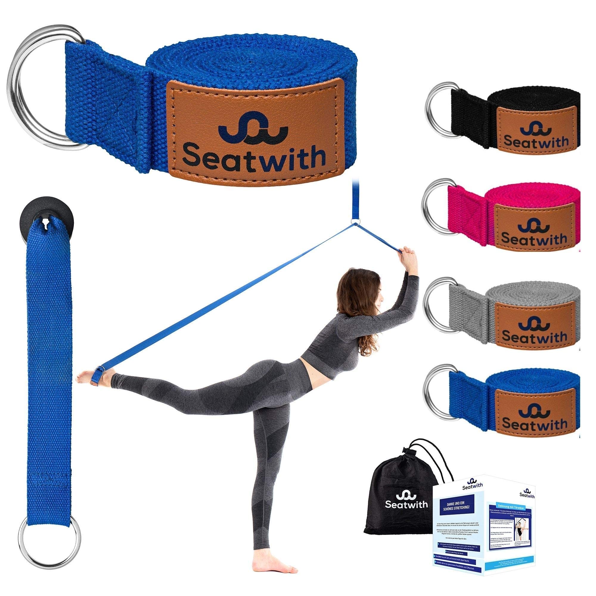 Seatwith Yoga Strap with Loops - Exercise Straps 200 X 4 cm Leg Stretcher with 10 Loops - Transport Bag + Training Instructions Included - Stretching Bands for Flexibility - BLUE