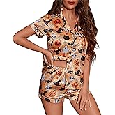Miqil Women Fairycore Halloween 2 Piece Lounge Set Y2k Cute Printed Short Sleeve High Waist Shorts Set Homewear Pajama Set