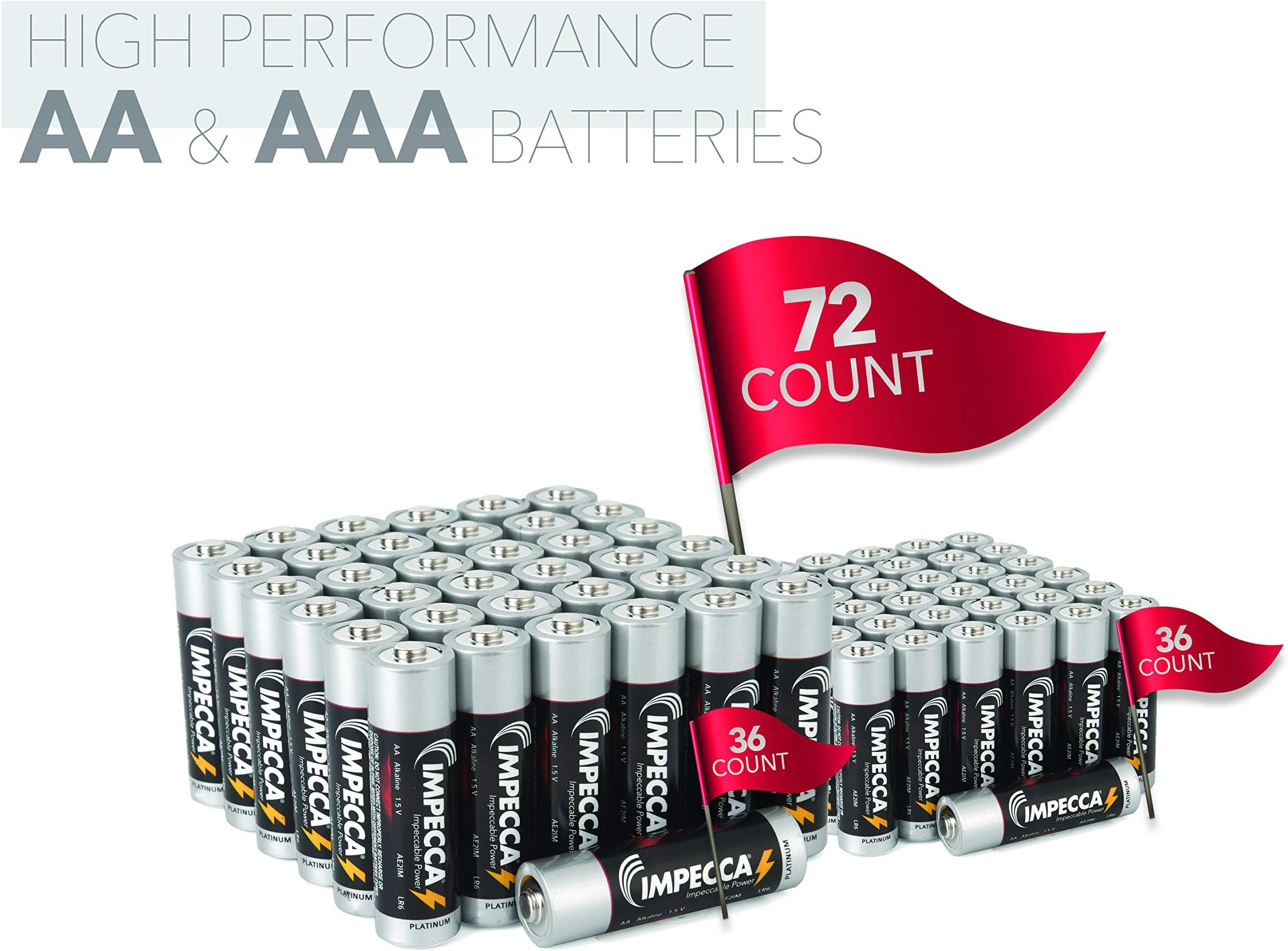 IMPECCA AA and AAA Batteries Combo (72-Count) High Performance All Purpose Alkaline Batteries, 1.5 Volt LR3/LR6, 36-AA + 36-AAA = 72 Pack