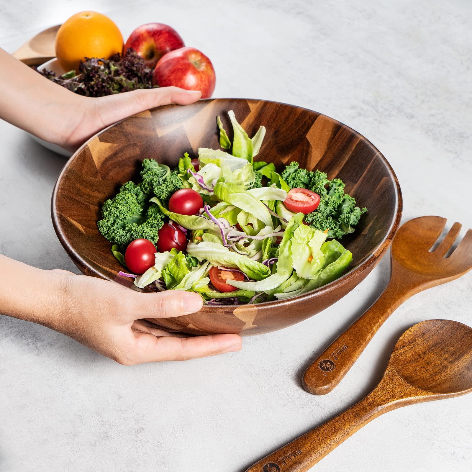 Bill.F Salatschüssel aus Holz, Salatschüssel-Set aus Akazienholz, Große Salat-Rührschüssel mit Servern, 3-teiliges Großes Salatschüssel-Set D30*10cm 4